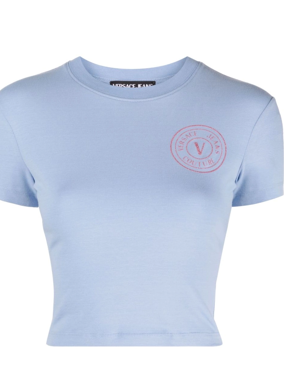 Versace Women Jeans cotton glitter-logo T-shirt cropped Couture 0712